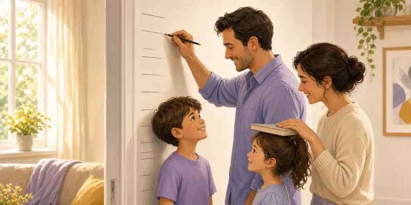 Cómo saber si la terapia funciona: padres midiendo la altura de sus hijos con rayitas en la pared.